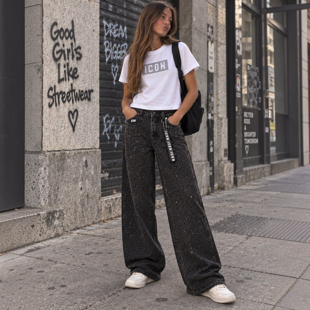 Jeans ICON Ragazza Palazzo Denim Black con Strass