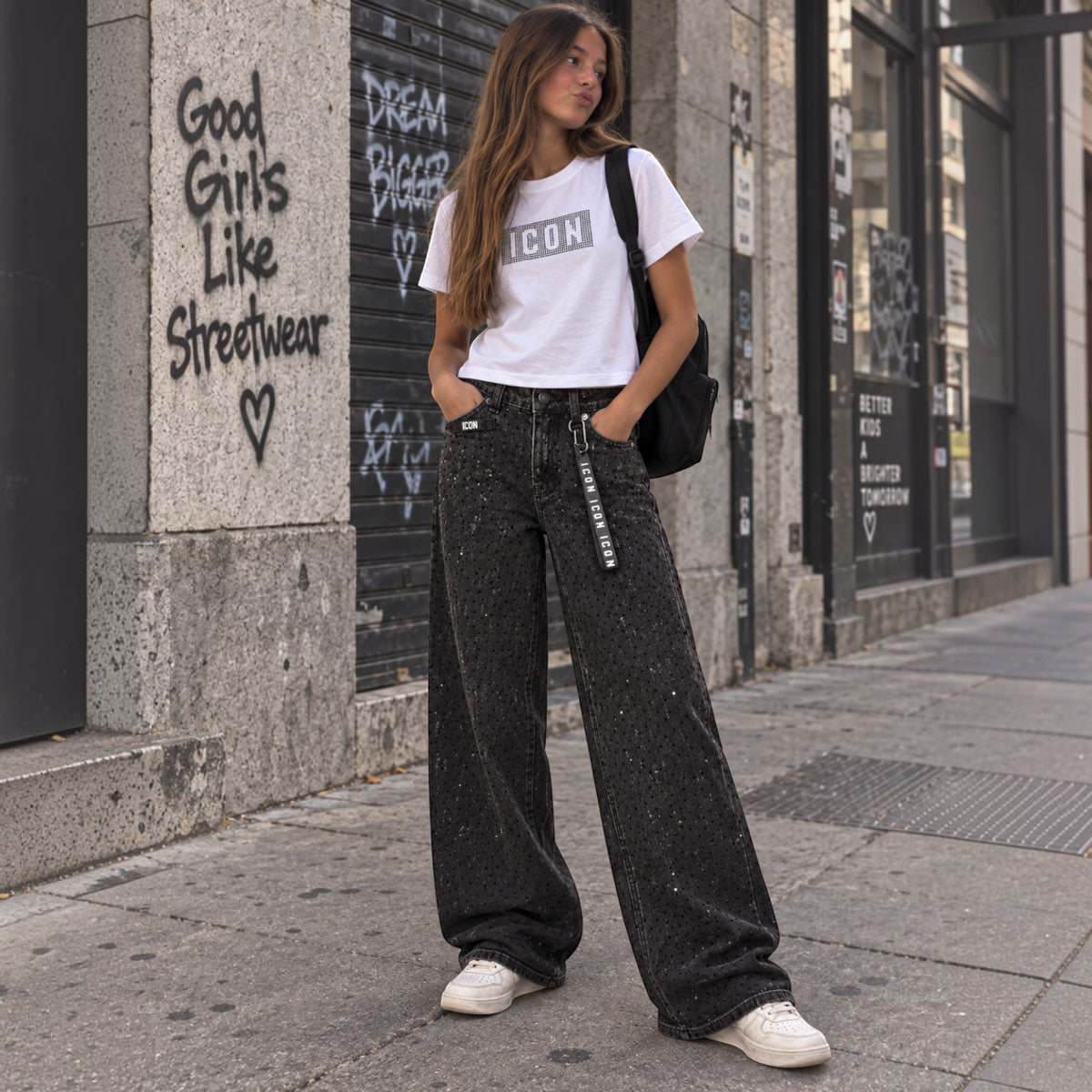 Jeans ICON Ragazza Palazzo Denim Black con Strass