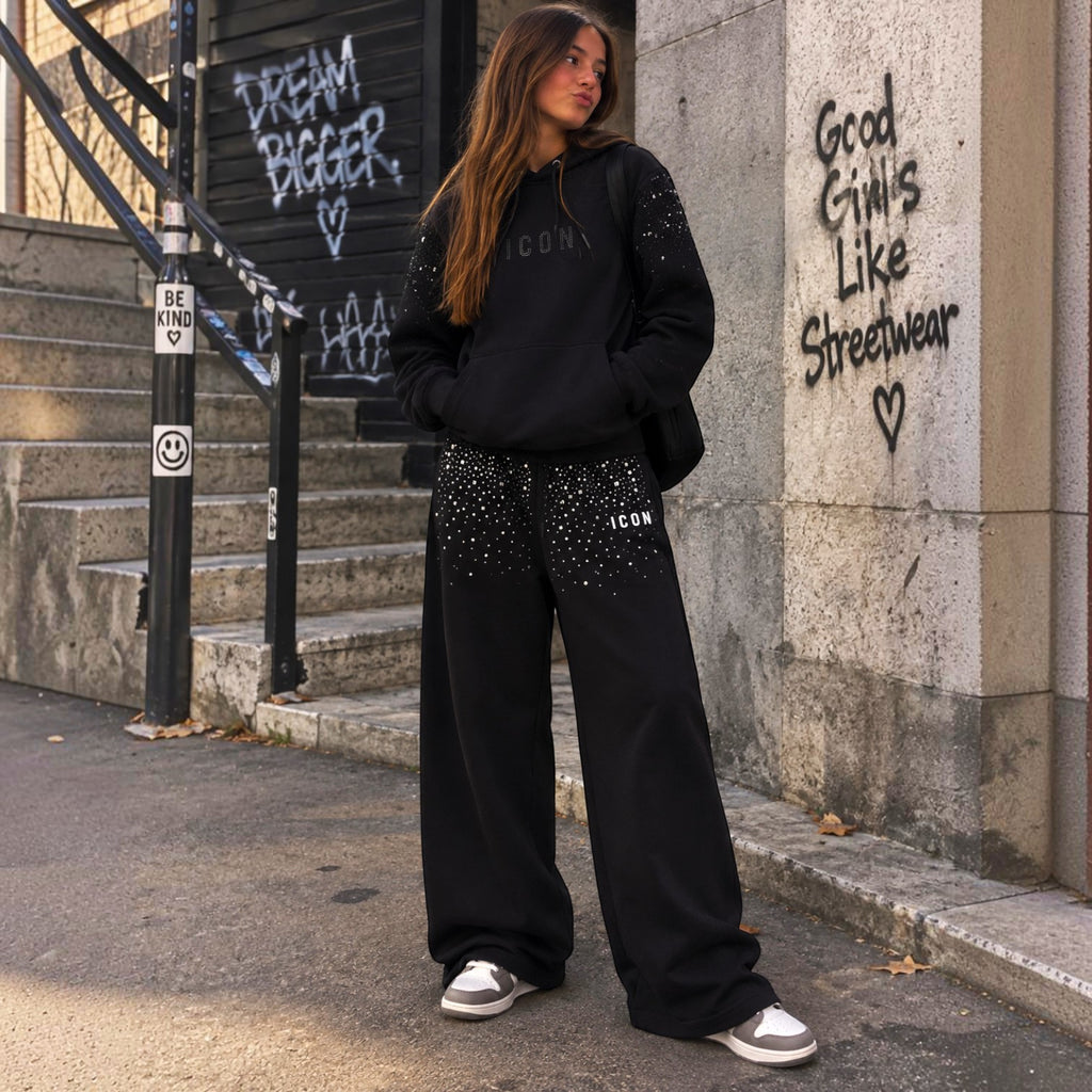Jeans ICON Ragazza Palazzo Denim Black con Strass