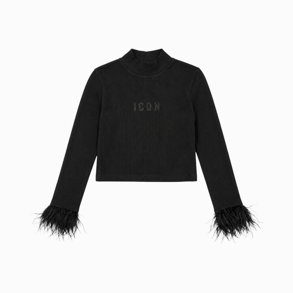 ICON lupetto cropped ragazza nero con logo e polsini in piume – IGKL001509-9000