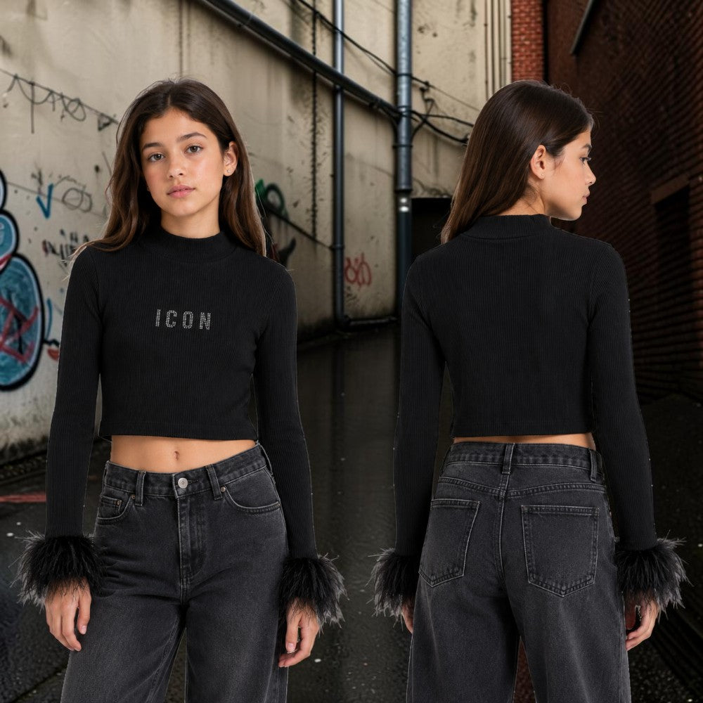 ICON lupetto cropped ragazza nero con logo e polsini in piume – IGKL001509-9000