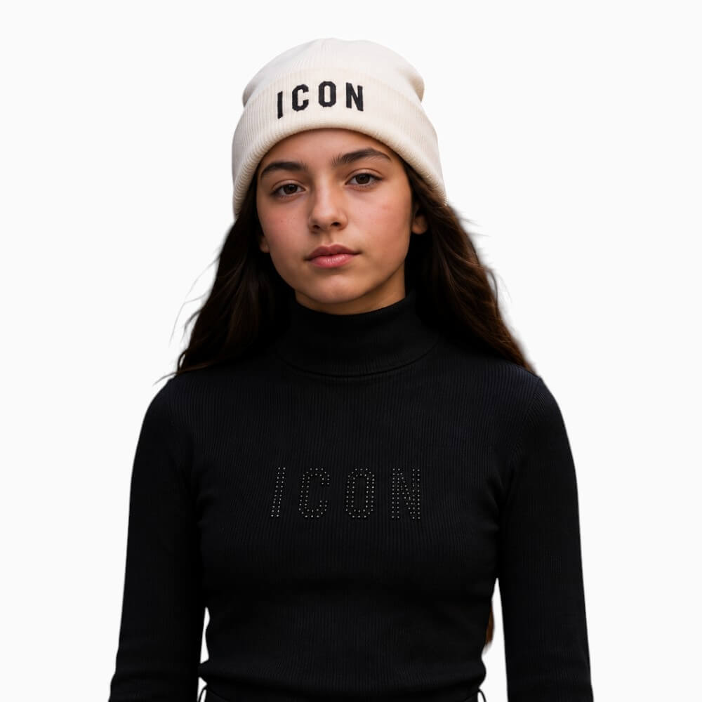 ICON lupetto cropped ragazza nero con logo e polsini in piume – IGKL001509-9000