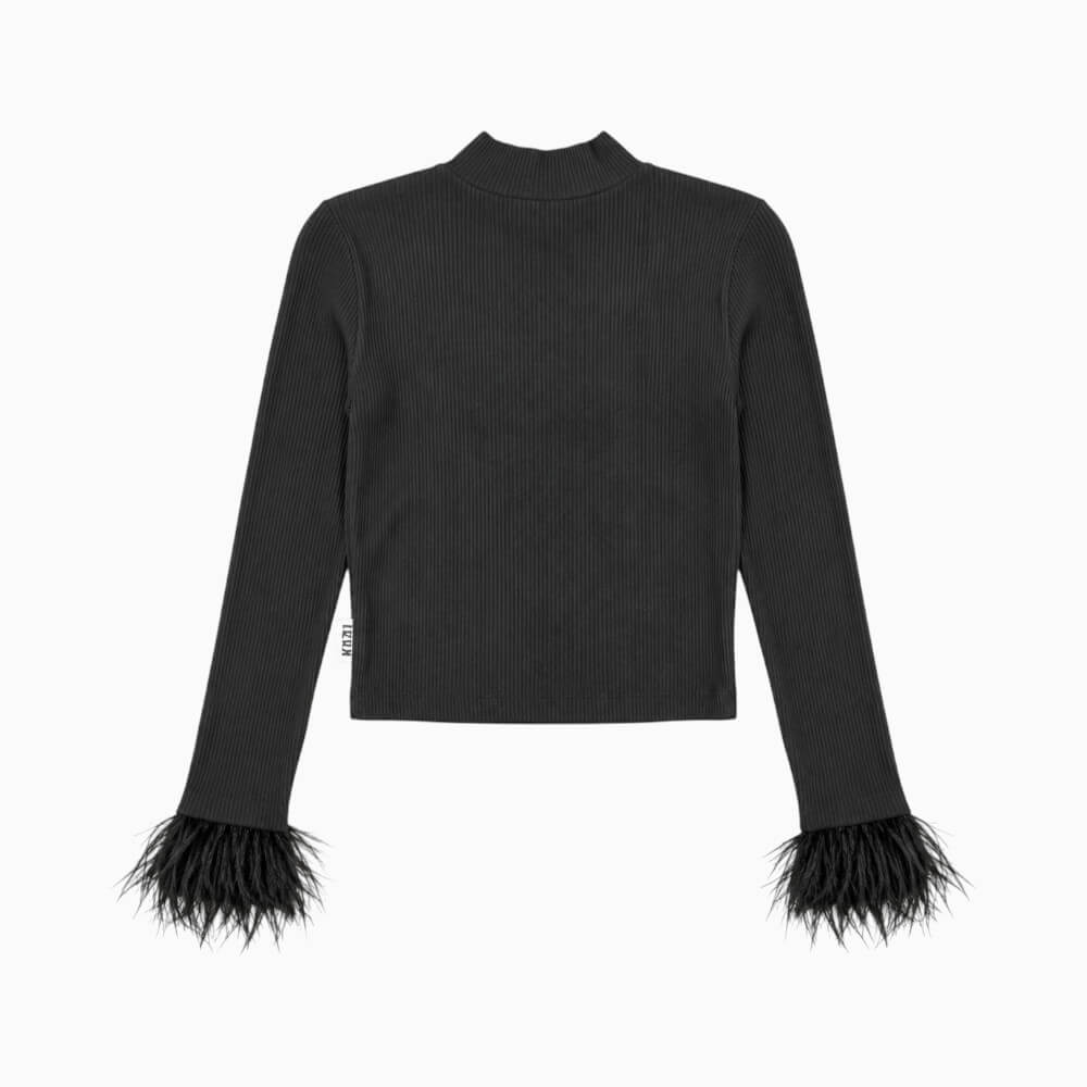 ICON lupetto cropped ragazza nero con logo e polsini in piume – IGKL001509-9000