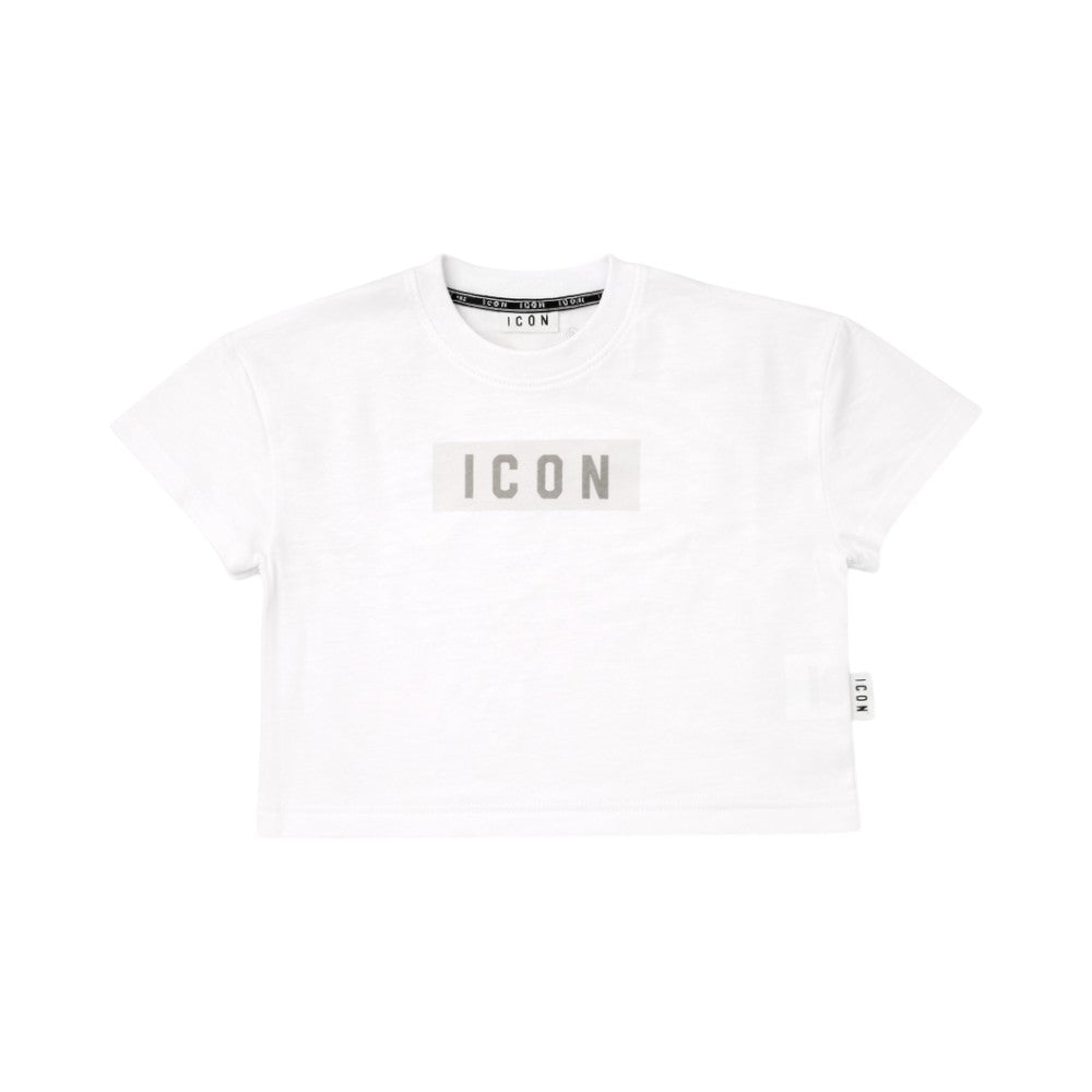 T-shirt crop ICON ragazza bianca con logo frontale – top corto streetwear IGKS001163