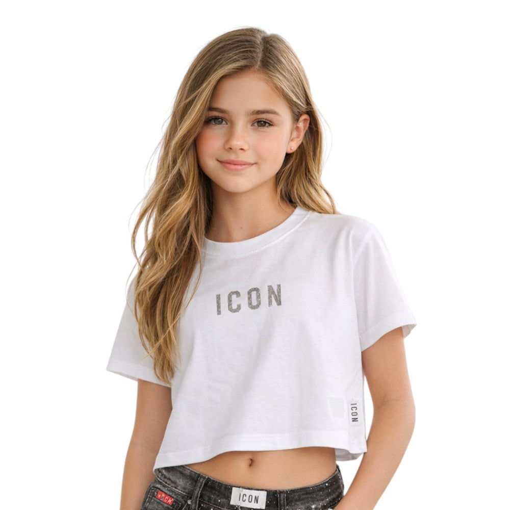 T-shirt crop ICON ragazza bianca con logo frontale – top corto streetwear IGKS001163