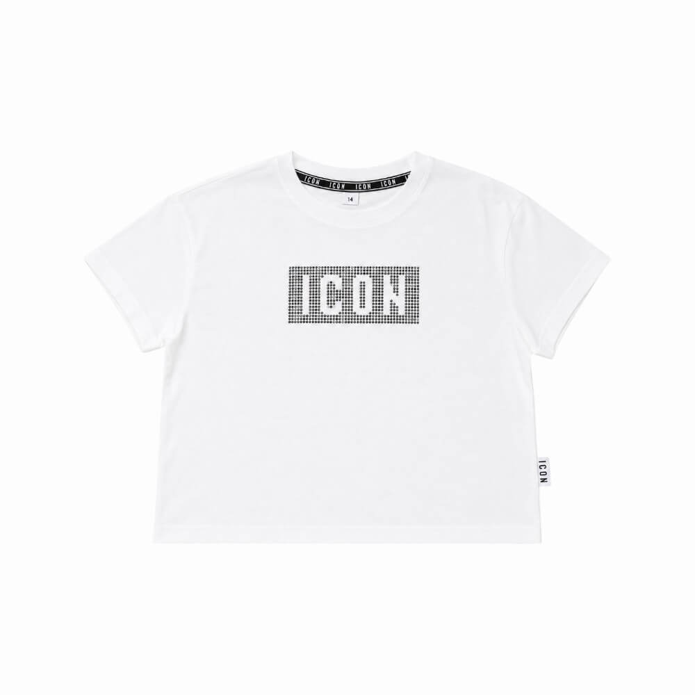 ICON T-shirt cropped ragazza panna con logo e strass – IGKS001386-1001