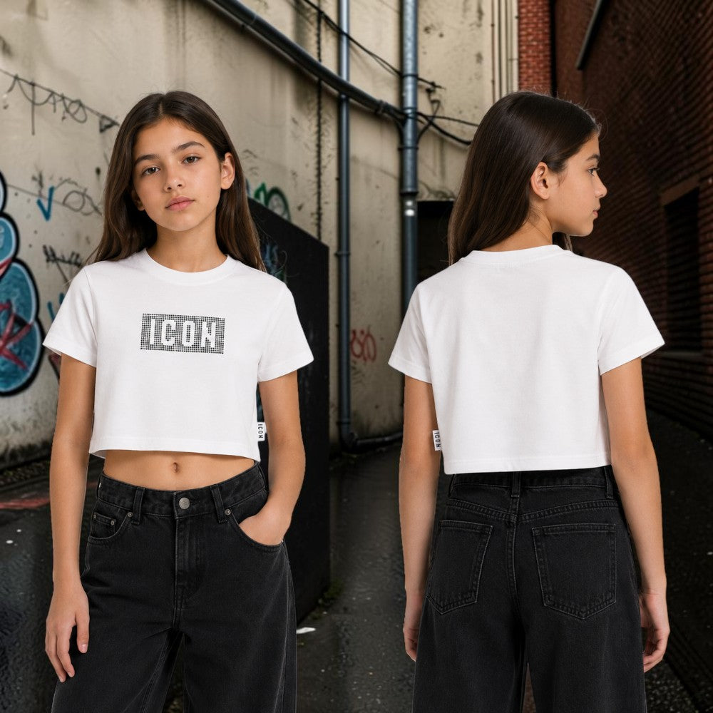 ICON T-shirt cropped ragazza panna con logo e strass – IGKS001386-1001