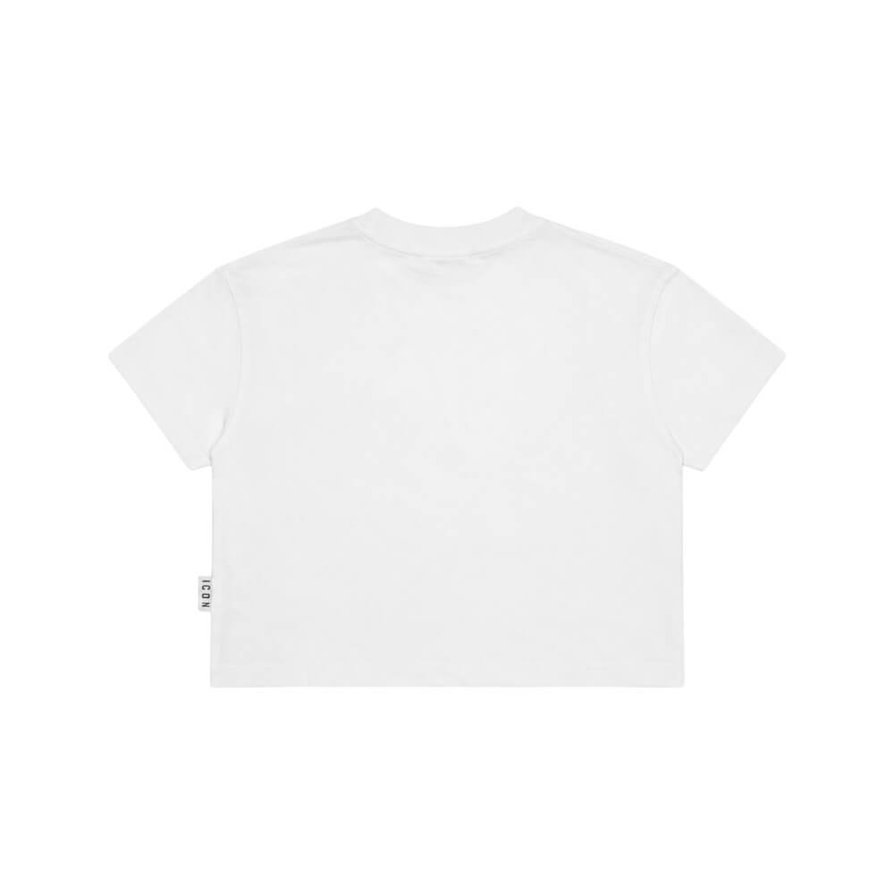 ICON T-shirt cropped ragazza panna con logo e strass – IGKS001386-1001