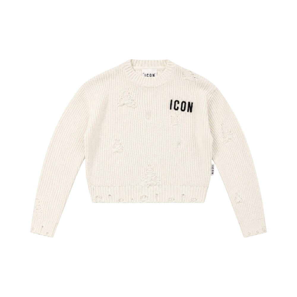 ICON maglioncino cropped ragazza panna con rotture e logo – IGSM001519-1001