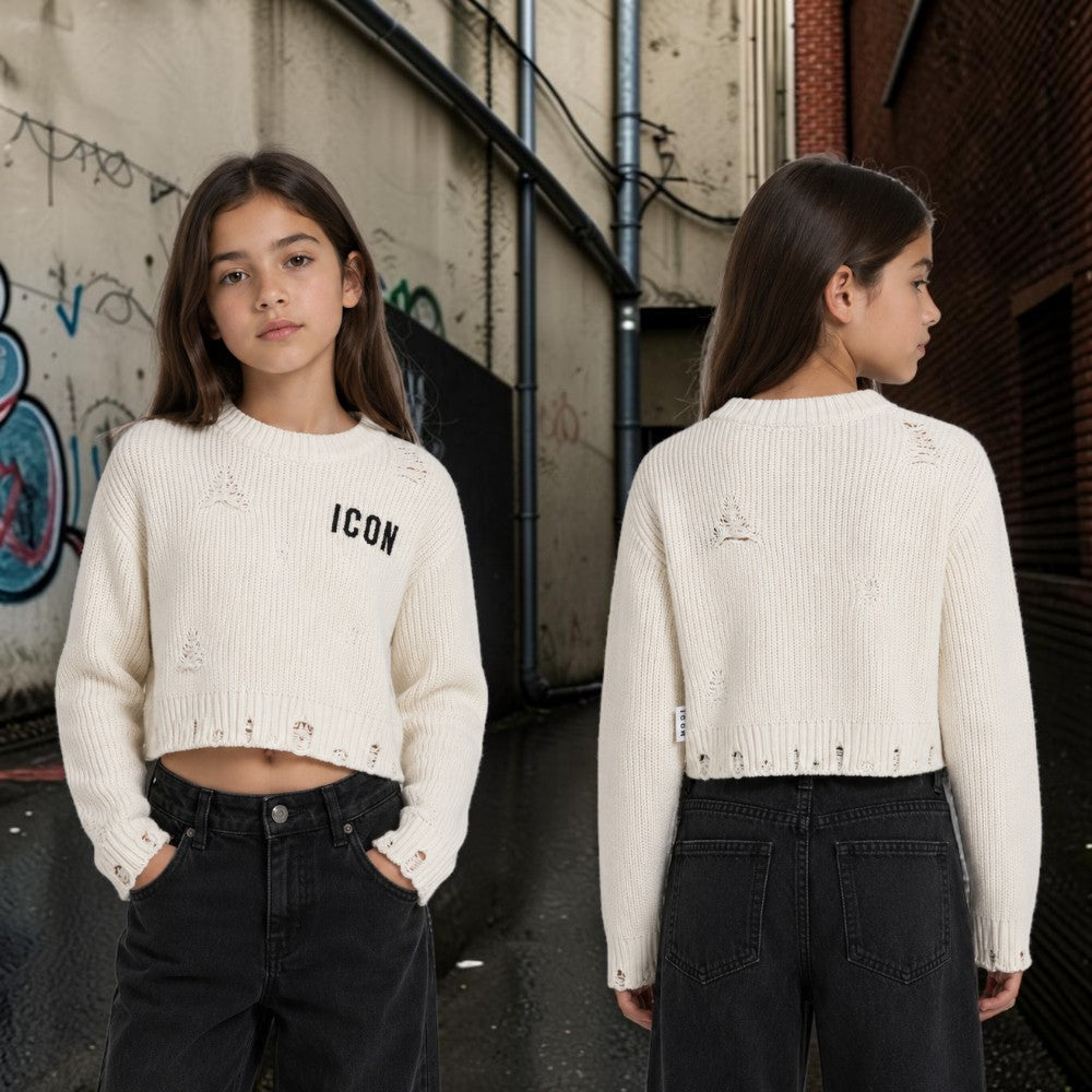 ICON maglioncino cropped ragazza panna con rotture e logo – IGSM001519-1001