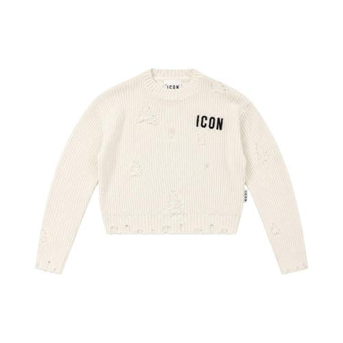 ICON maglioncino cropped ragazza panna con rotture e logo – IGSM001519-1001