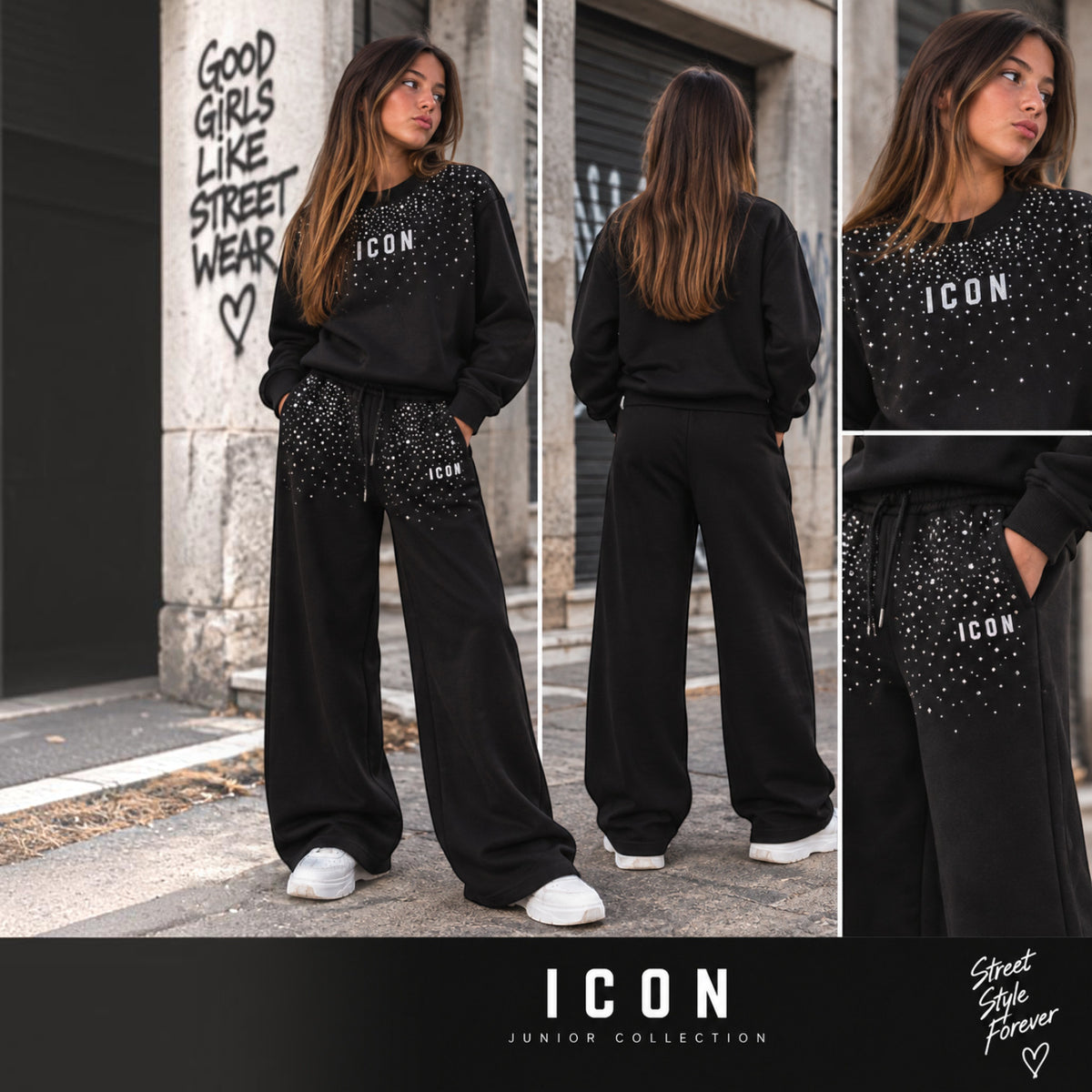 Felpa ICON Ragazza Nera con Cascata di Strass