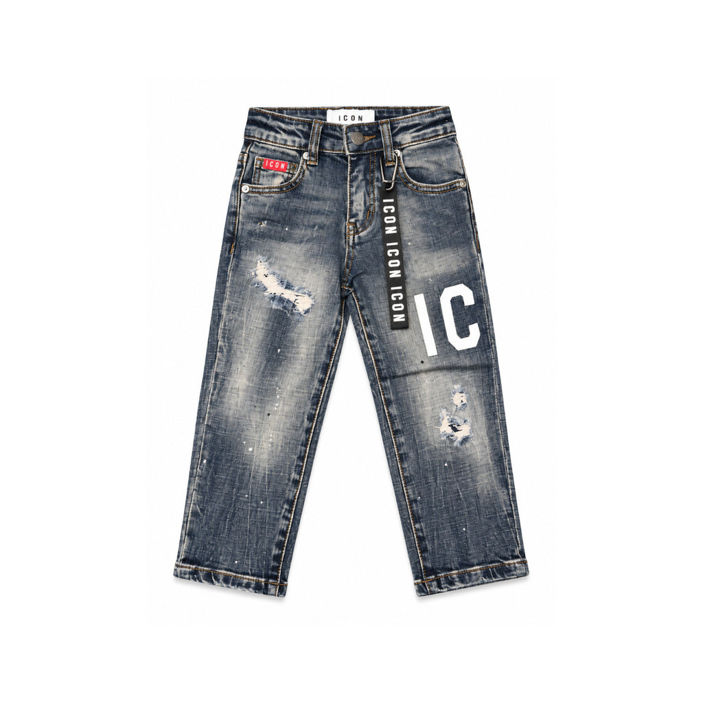 Jeans ICON Bambino Blu Slavato con Rotture e Logo