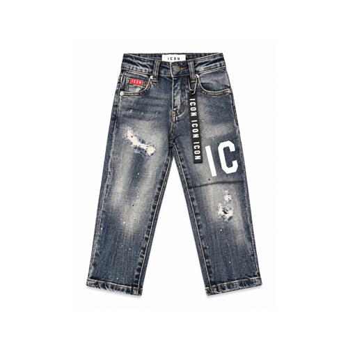 Jeans ICON Bambino Blu Slavato con Rotture e Logo