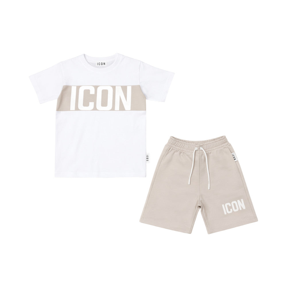 Completo ICON bambino t-shirt bianca+bermuda beige – art. INBFS001216