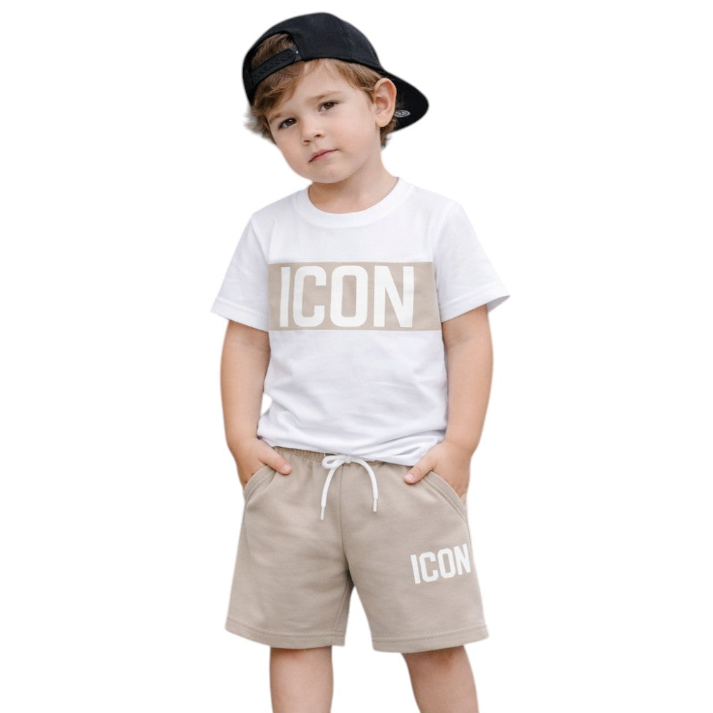 Completo ICON bambino t-shirt bianca+bermuda beige – art. INBFS001216