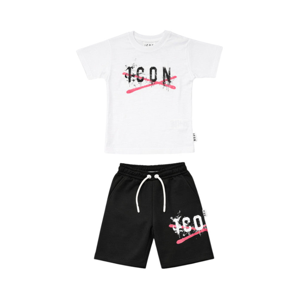 Completo ICON bambino t-shirt + bermuda nero – logo con dettaglio rosso streetwear INBFS001244