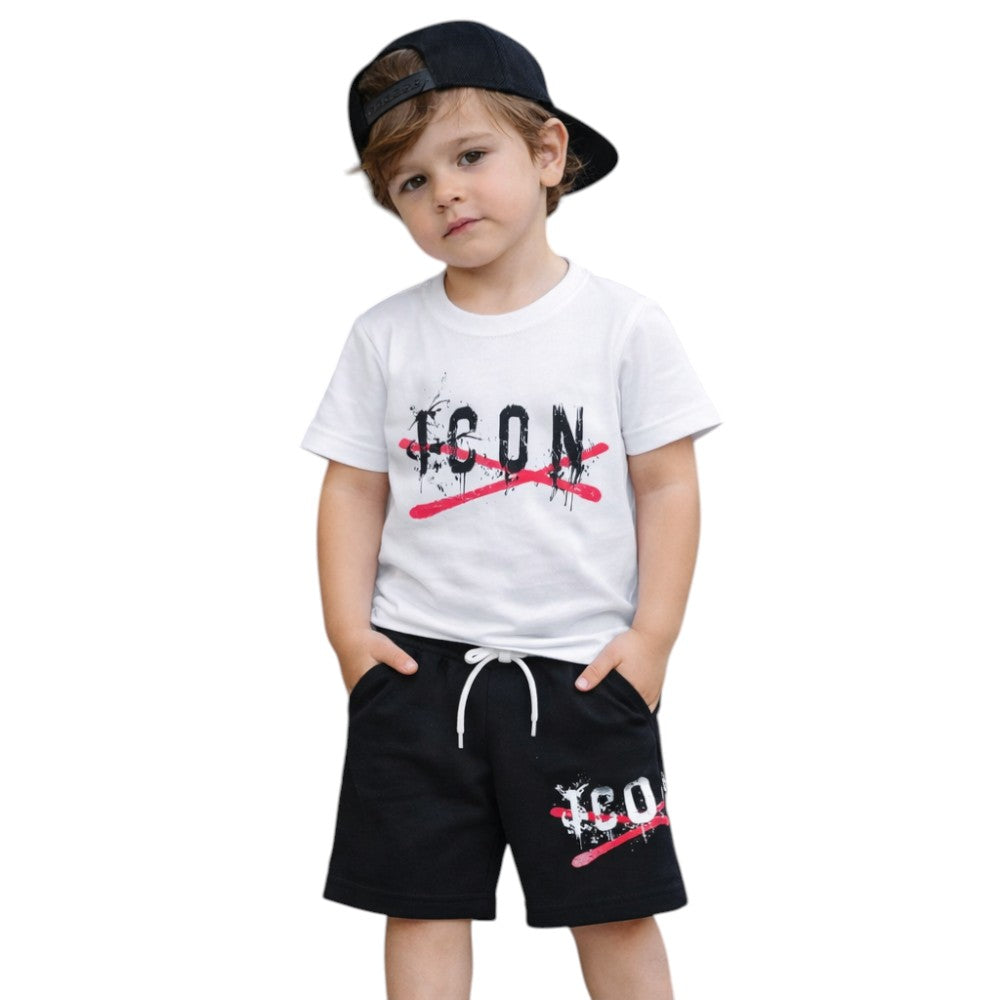 Completo ICON bambino t-shirt + bermuda nero – logo con dettaglio rosso streetwear INBFS001244