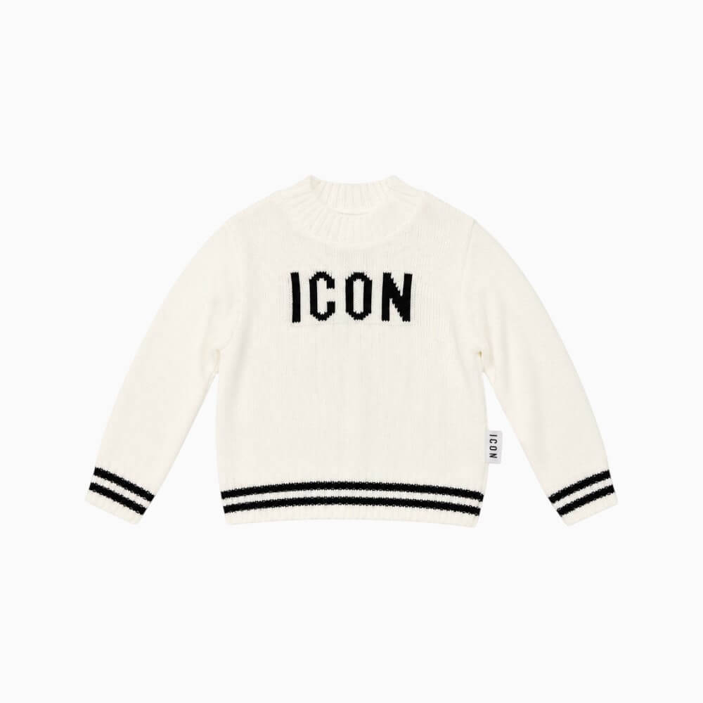 ICON Maglioncino bambino panna con maxi logo e bordi a righe – INBSM001516-1001