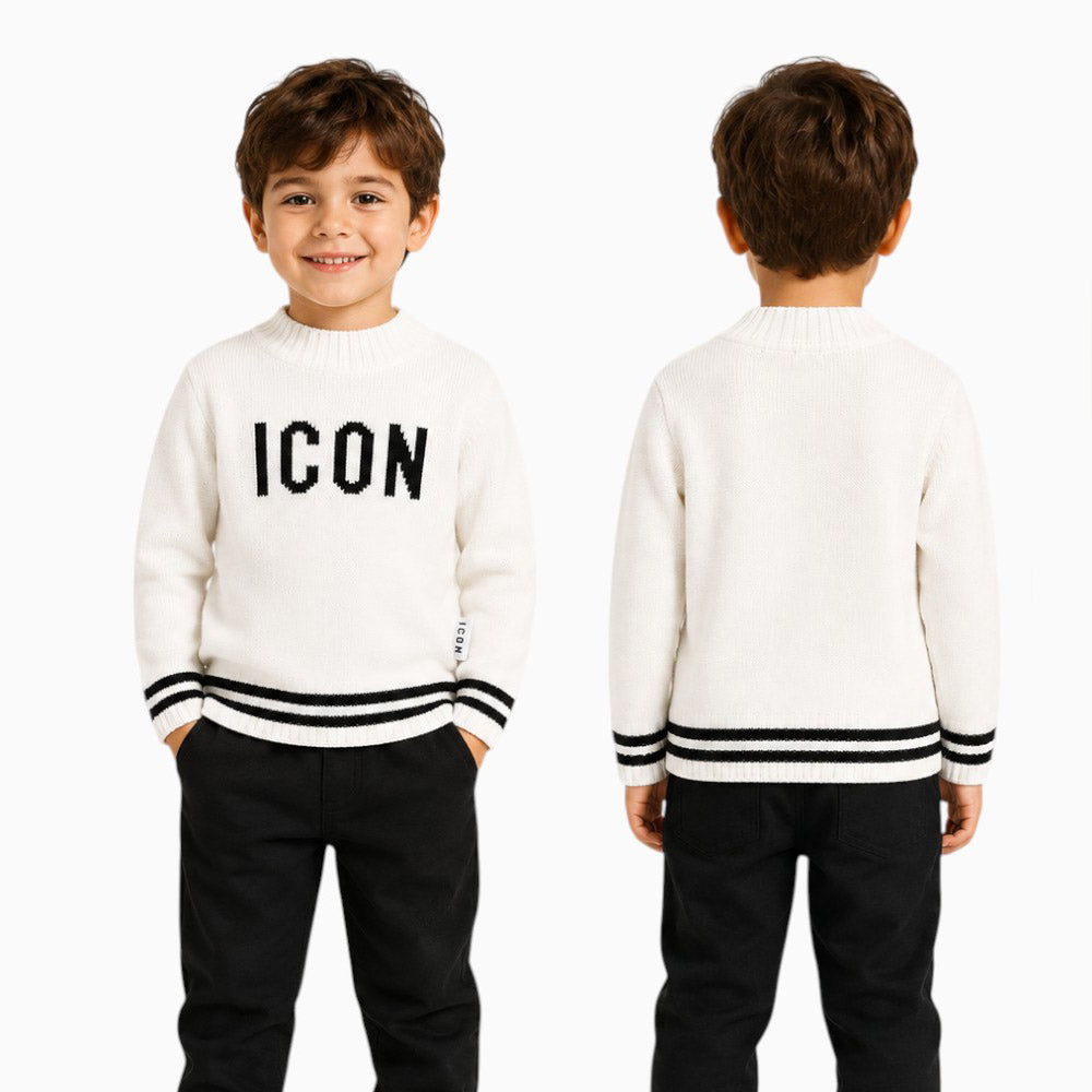 ICON Maglioncino bambino panna con maxi logo e bordi a righe – INBSM001516-1001