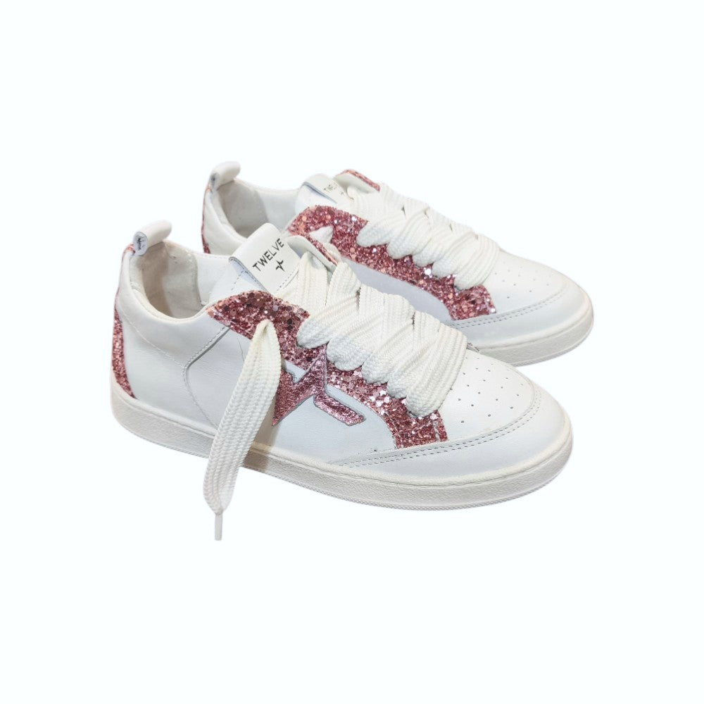 Twelve Sneakers Bambina in Pelle Bianca con Inserti Glitter Rosa
