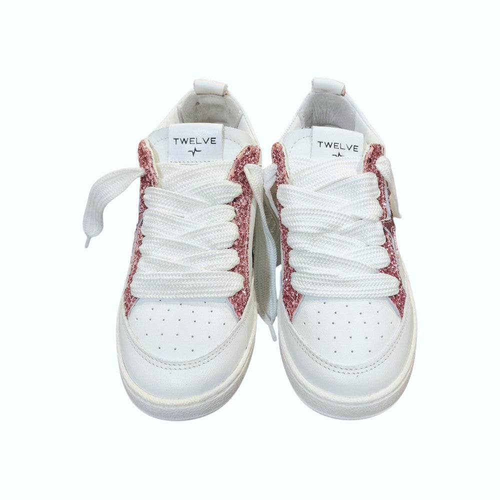 Twelve Sneakers Bambina in Pelle Bianca con Inserti Glitter Rosa