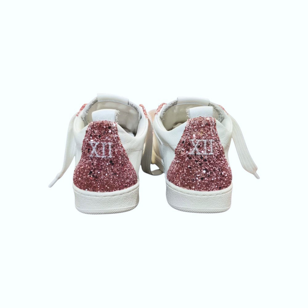 Twelve Sneakers Bambina in Pelle Bianca con Inserti Glitter Rosa