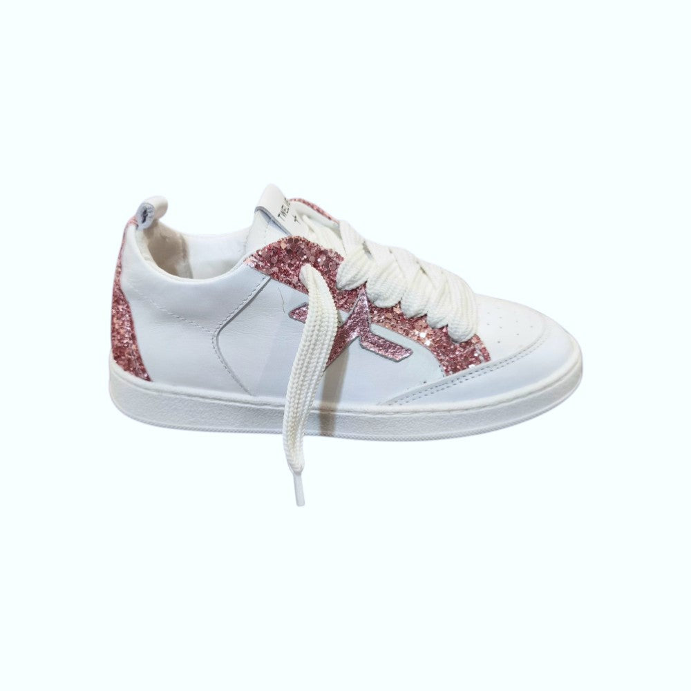 Twelve Sneakers Bambina in Pelle Bianca con Inserti Glitter Rosa