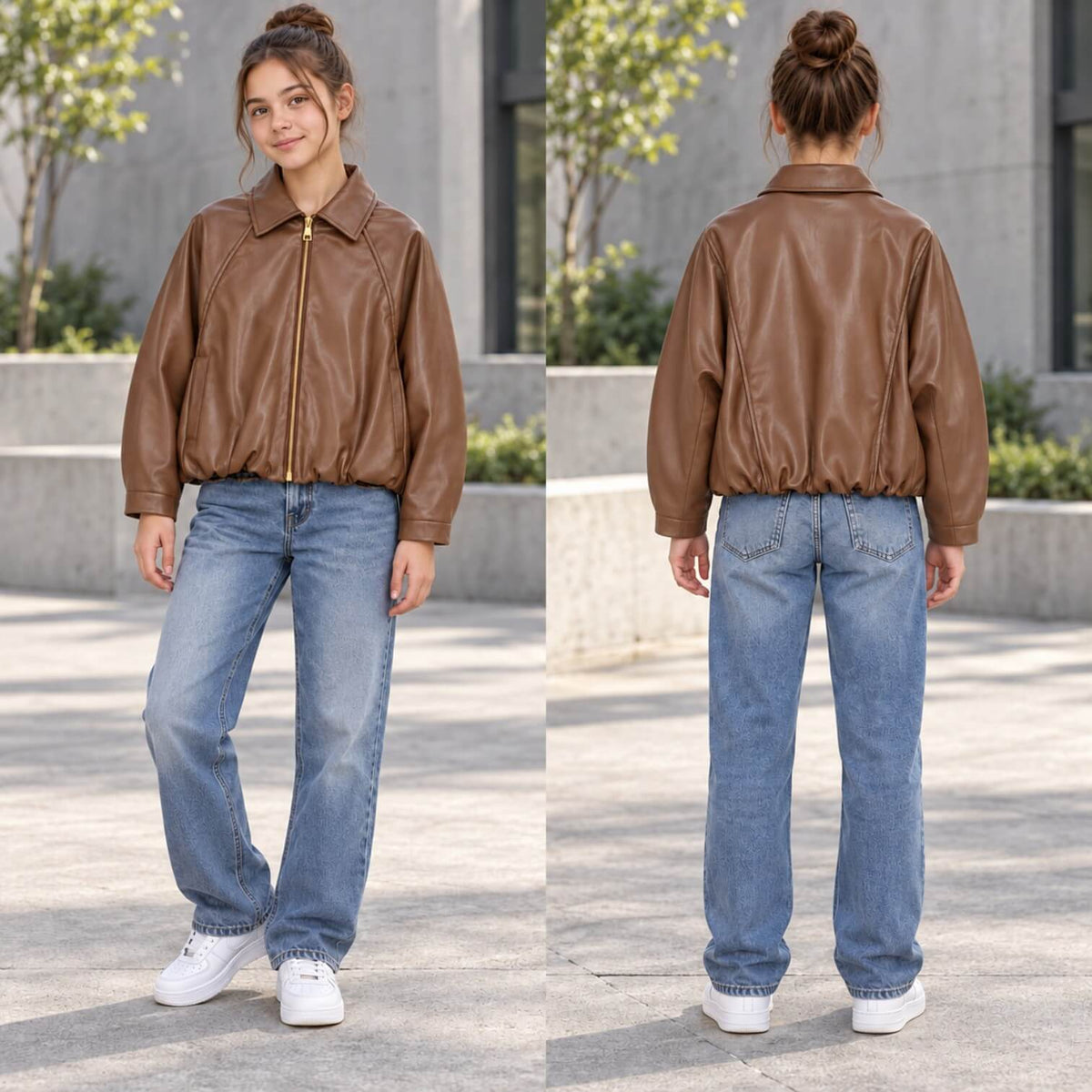Bomber Naida Ragazza Marrone in Ecopelle Oversize – NAGB341