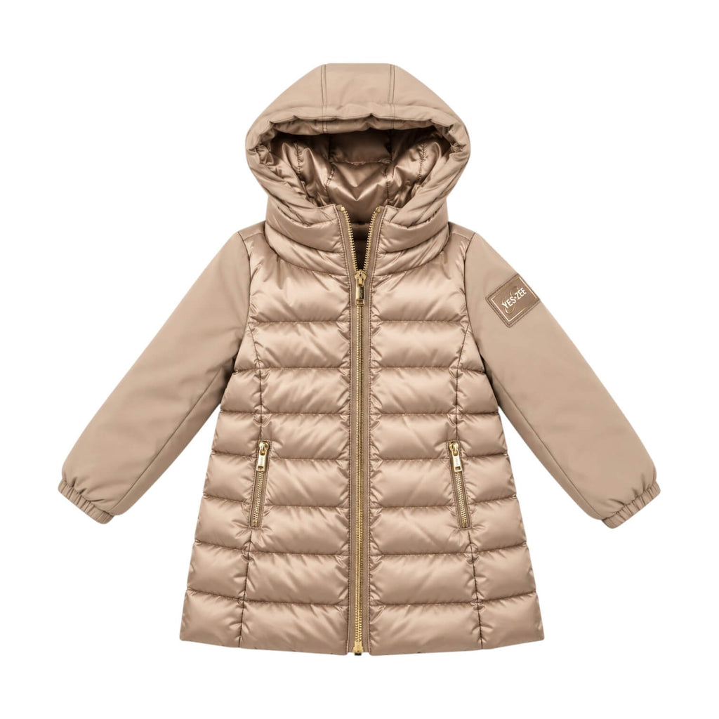 Giubbino Lungo Yes Zee Ragazza Beige con Cappuccio e Zip Oro – O045-0222