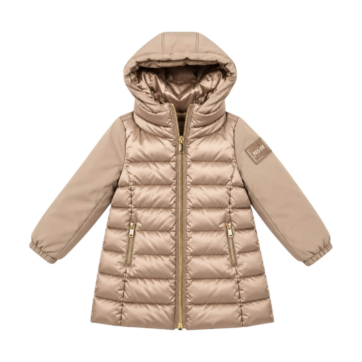 Giubbino Lungo Yes Zee Ragazza Beige con Cappuccio e Zip Oro – O045-0222