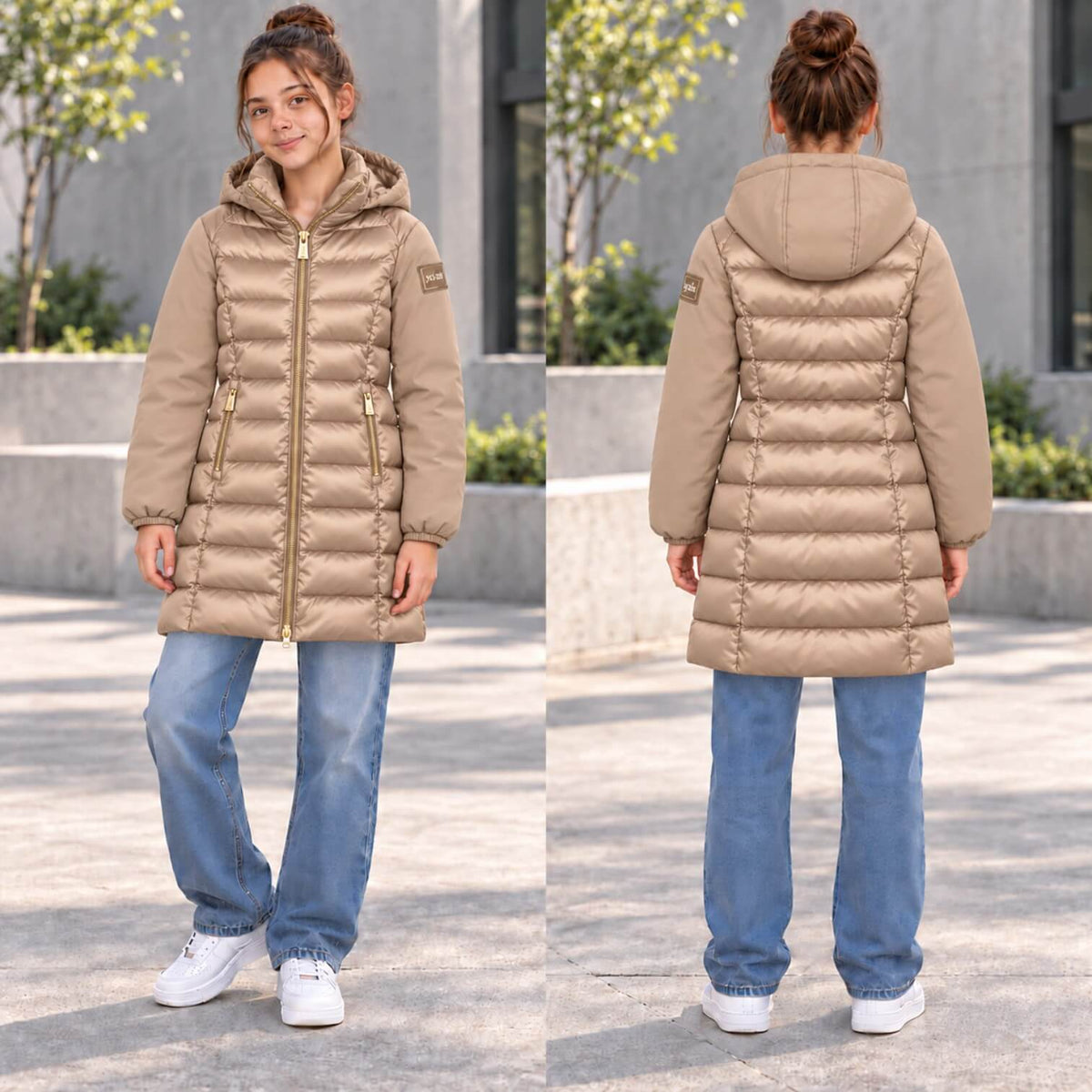 Giubbino Lungo Yes Zee Ragazza Beige con Cappuccio e Zip Oro – O045-0222