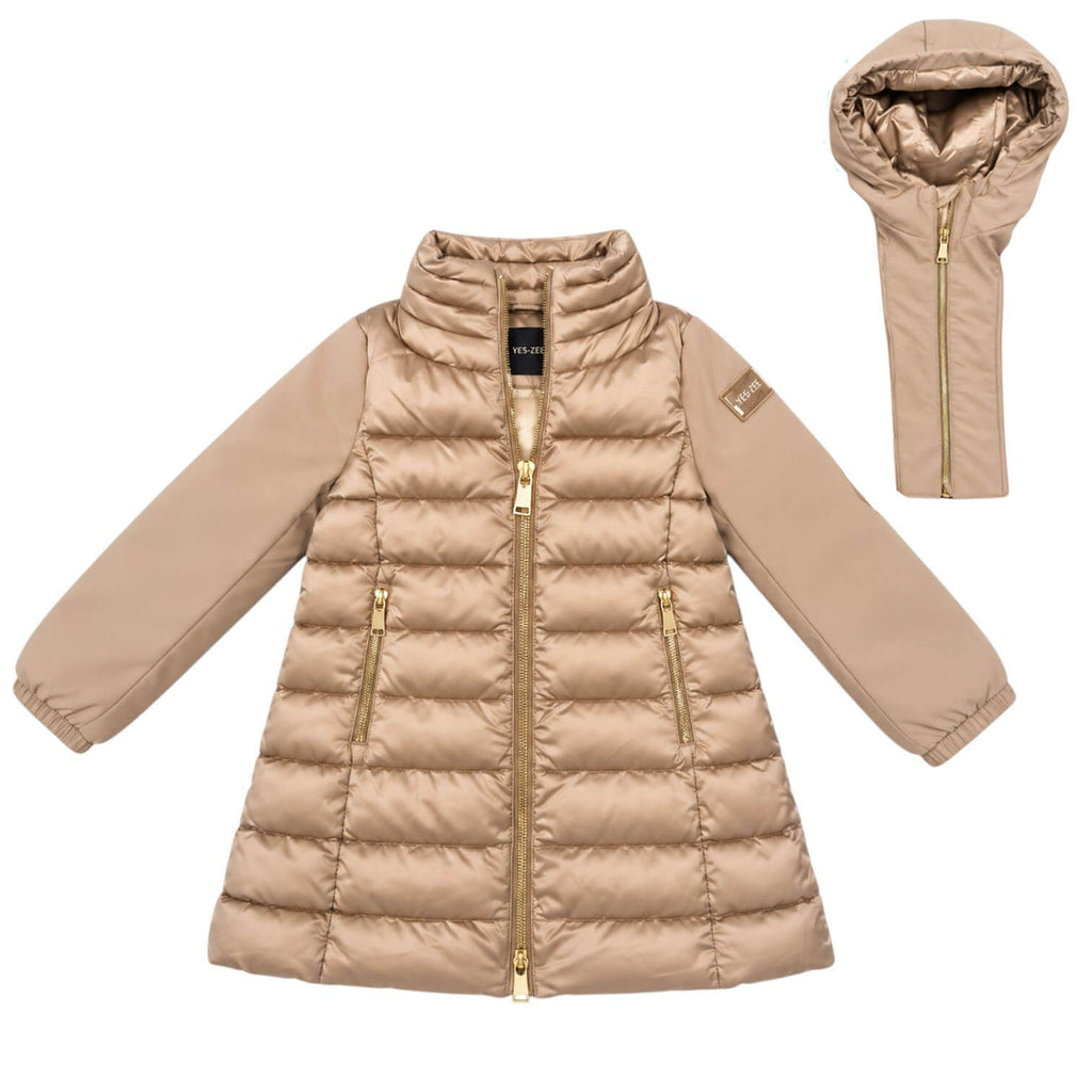 Giubbino Lungo Yes Zee Ragazza Beige con Cappuccio e Zip Oro – O045-0222