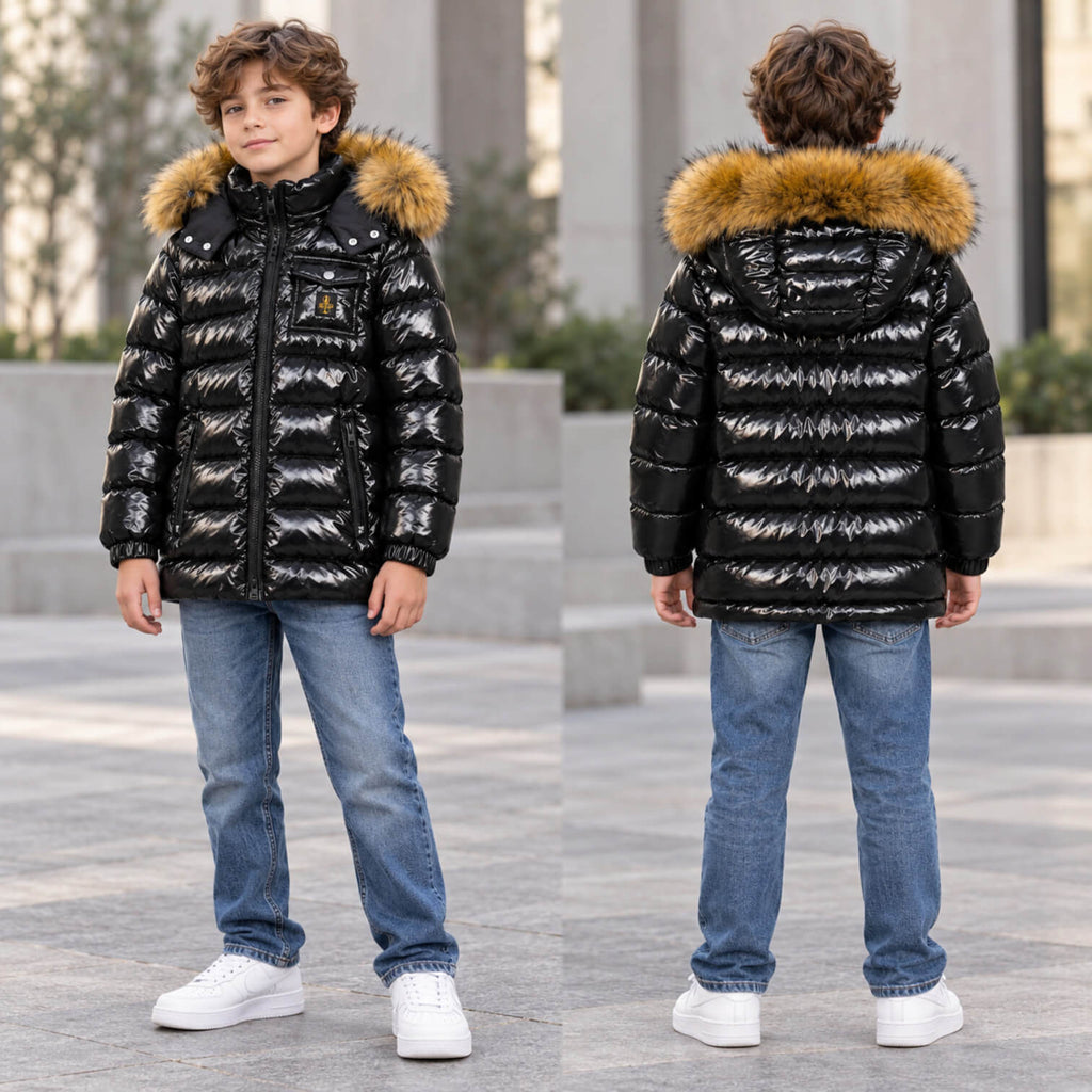Giubbino Refrigiwear ragazzo nero lucido con pelliccia – R2157CW26