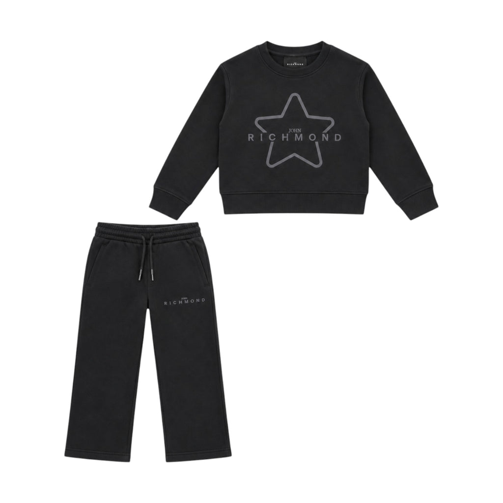 Tuta Richmond ragazza nera con felpa girocollo stampa stella e pantalone wide leg
