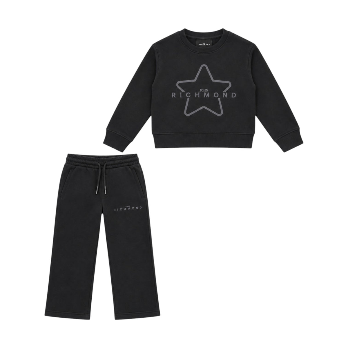 Tuta Richmond ragazza nera con felpa girocollo stampa stella e pantalone wide leg
