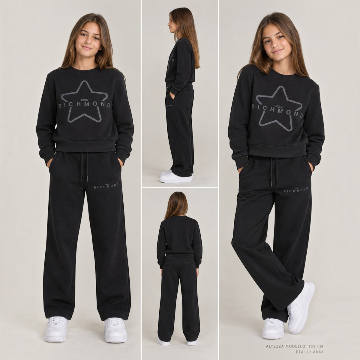 Tuta Richmond ragazza nera con felpa girocollo stampa stella e pantalone wide leg