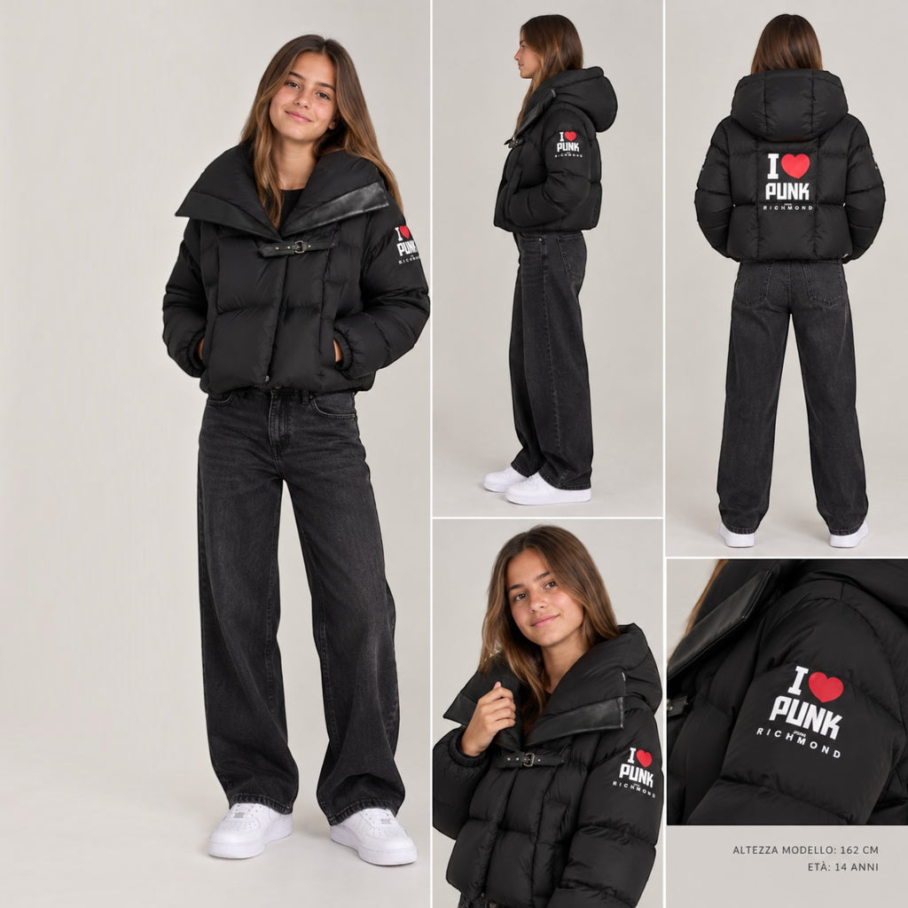 Piumino nero con fibbia e stampa I love PUNK