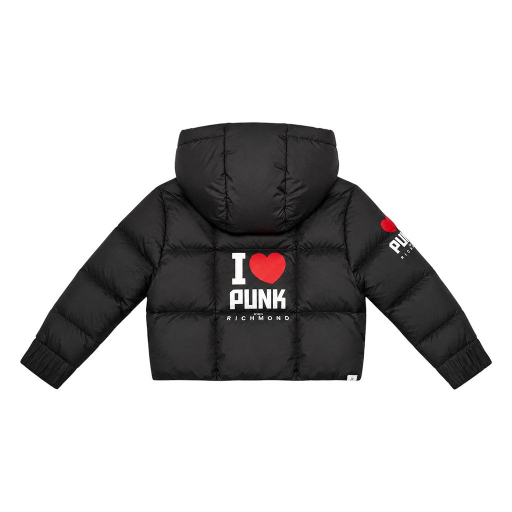 Piumino nero con fibbia e stampa I love PUNK