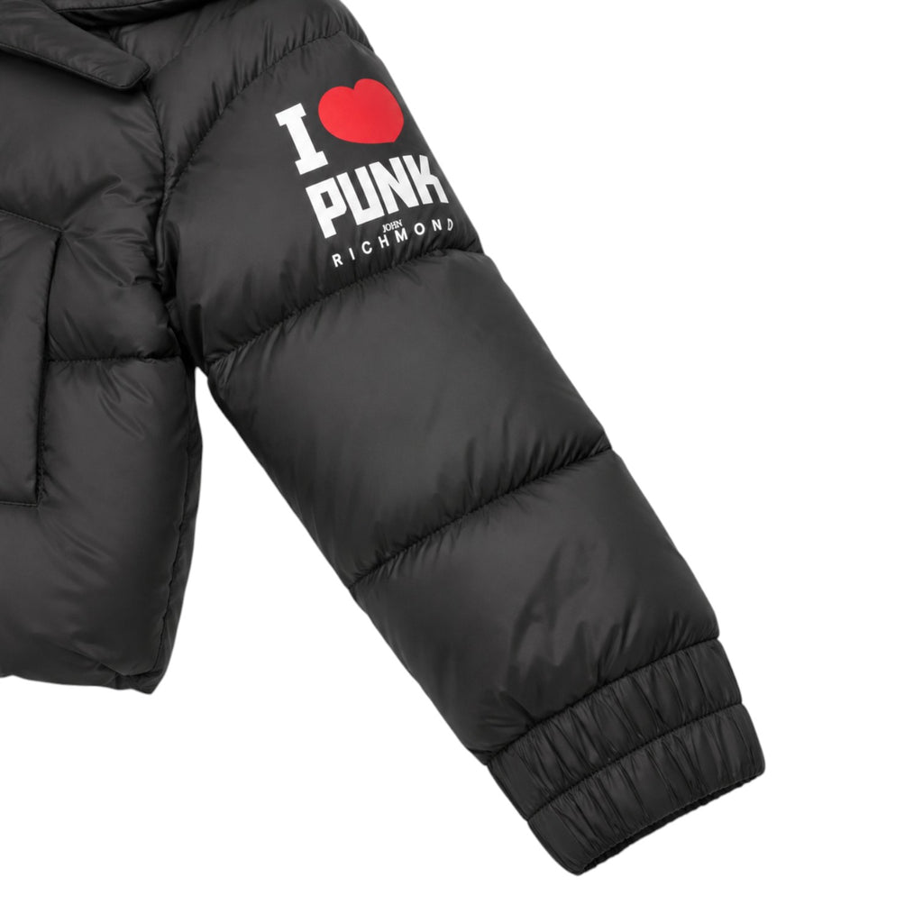 Piumino nero con fibbia e stampa I love PUNK