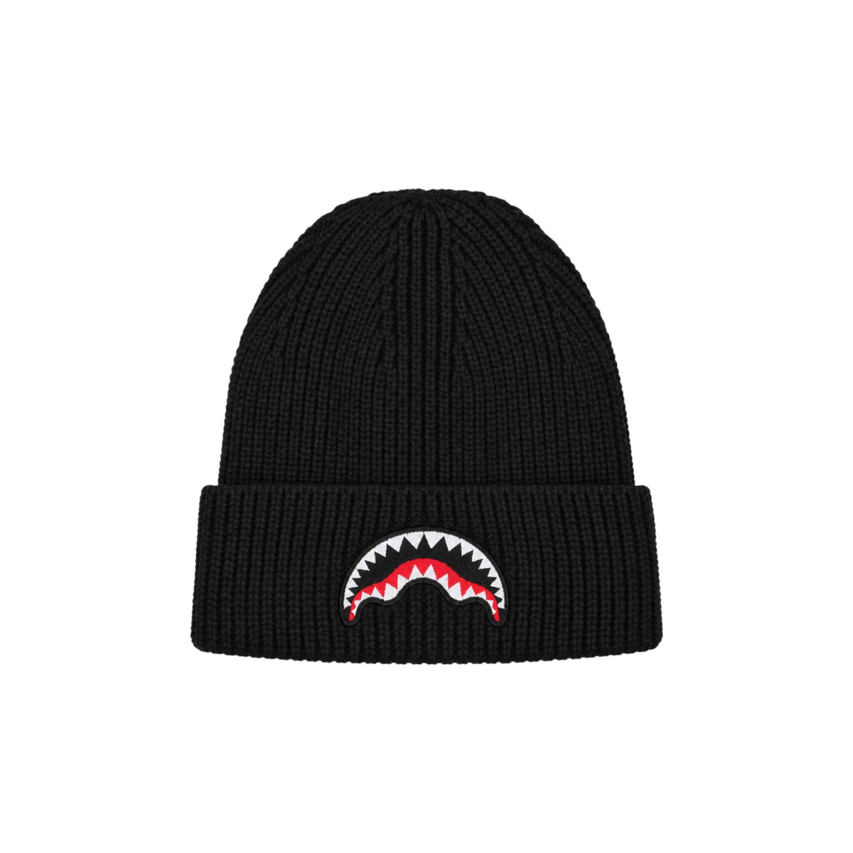 Berretto Sprayground nero a costine con risvolto e logo Shark