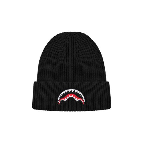 Berretto Sprayground nero a costine con risvolto e logo Shark