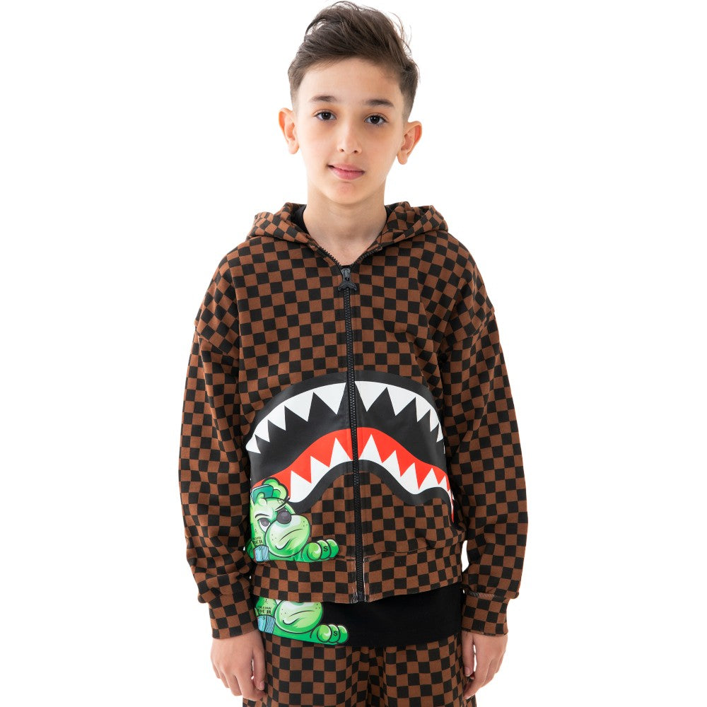 Felpa Zip con Cappuccio Sprayground Marrone con Grafica Shark Mouth SPY1393EBRB