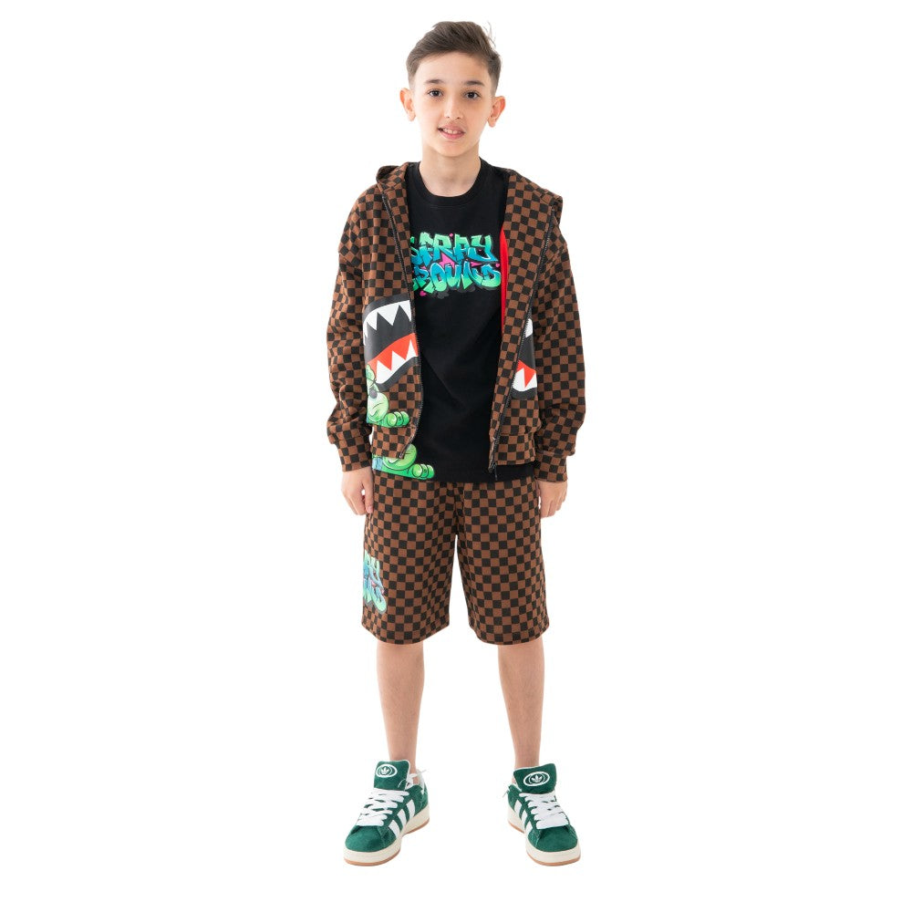 Felpa Zip con Cappuccio Sprayground Marrone con Grafica Shark Mouth SPY1393EBRB