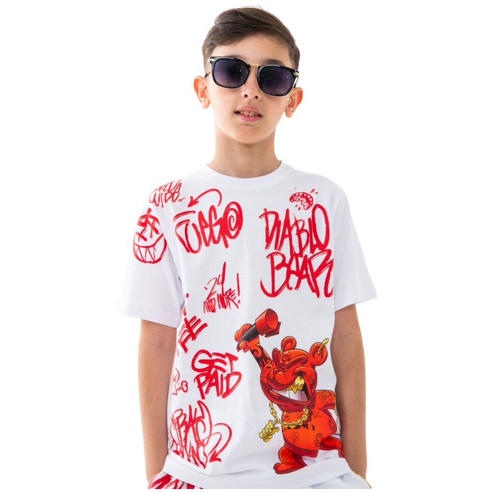 T-shirt Sprayground Bianca con Graffiti e Teddy Print SPY1399WHT