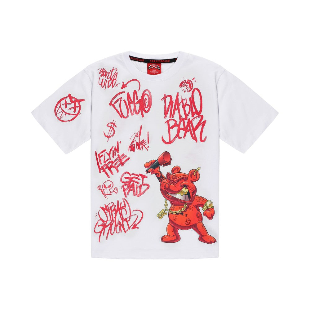 T-shirt Sprayground Bianca con Graffiti e Teddy Print SPY1399WHT