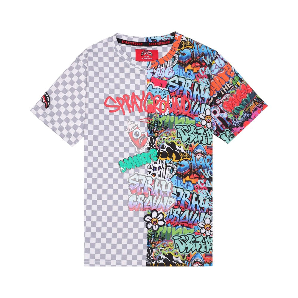T-shirt Sprayground Grigia Bi-Color con Stampa Grafica Multicolor SPY1407