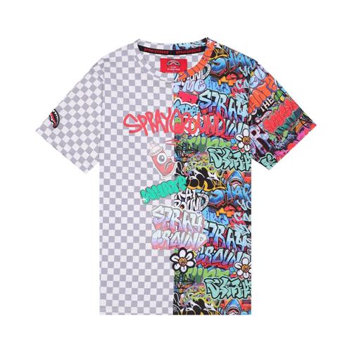 T-shirt Sprayground Grigia Bi-Color con Stampa Grafica Multicolor SPY1407