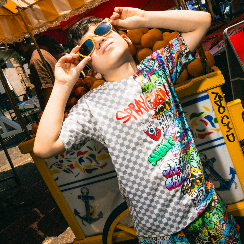 T-shirt Sprayground Grigia Bi-Color con Stampa Grafica Multicolor SPY1407