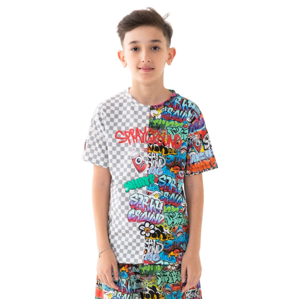 T-shirt Sprayground Grigia Bi-Color con Stampa Grafica Multicolor SPY1407